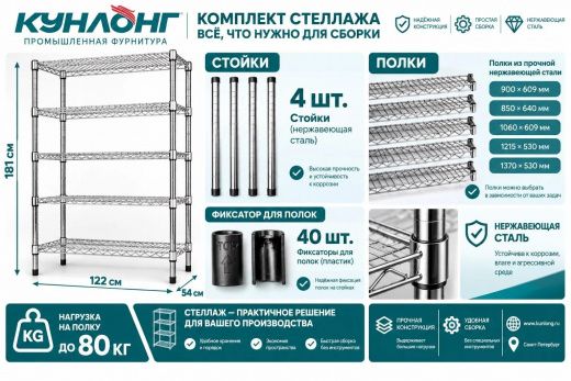 SK8-121505302000-01 Стеллаж с 5 полками 1215*530мм, нержавеющая сталь
