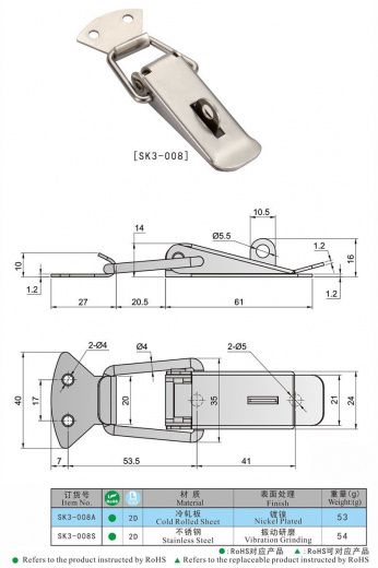 SK3-008 Защелка натяжная со скобой, сталь или нержавеющая сталь