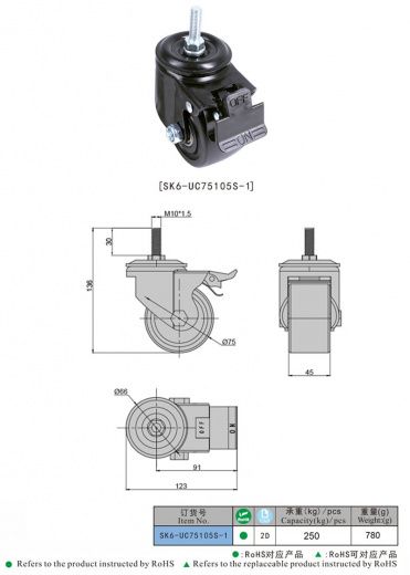 SK6-UC75105S-1 Колесная опора, сталь, полипропилен, стекловолокно
