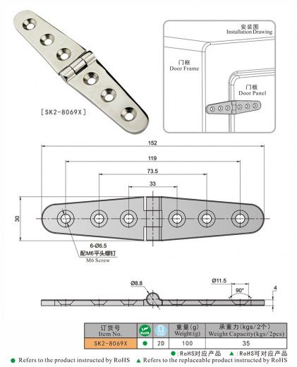 SK2-8069 Петля накладная, нержавеющая сталь